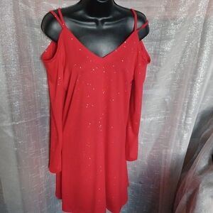 NWT Red DRESS M COLD SHOULDER T SHIRT DRESS SPARKLY KNEE LENGTH RELAX FIT